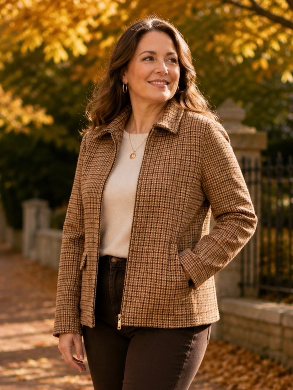Lauren Ralph Lauren Classic Brown Houndstooth Zip Jacket 14 100% wool equestrian